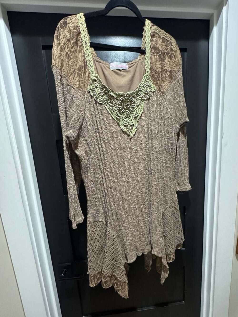 Pretty Angel Boho Lace-Trimmed Draped Tunic Blouse with Beaded Neckline